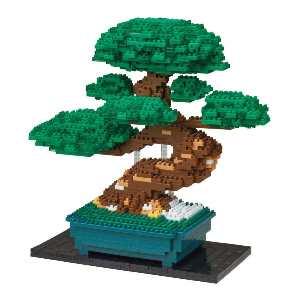 A meticulously crafted bonsai tree made entirely of small, colorful Lego bricks, creating a unique and intricate miniature landscape.