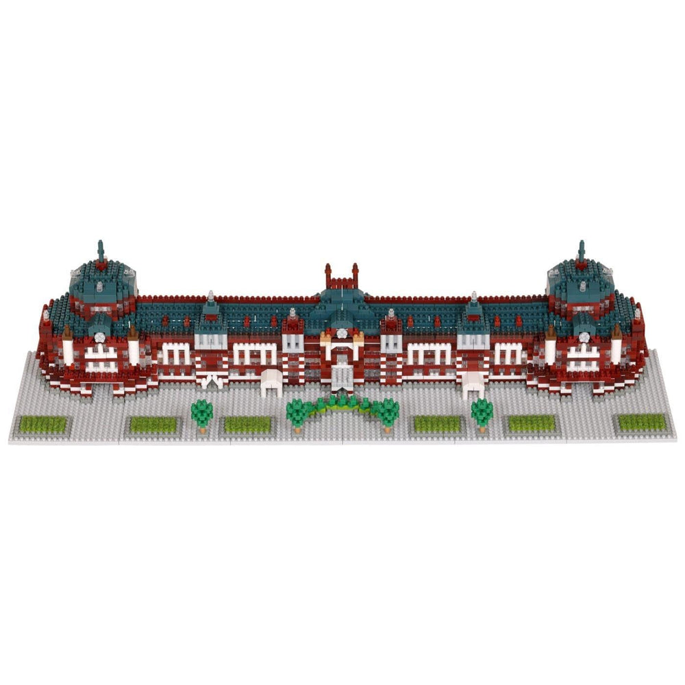 A detailed 3D model of a building, composed of numerous small bricks, showcasing intricate architectural features and design elements.
