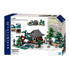 The image is a box for a Japanese garden building set, specifically the Nanoblock Japanese Garden Deluxe Edition. The box features a detailed illustration of the set, showcasing the various pieces and their assembly.