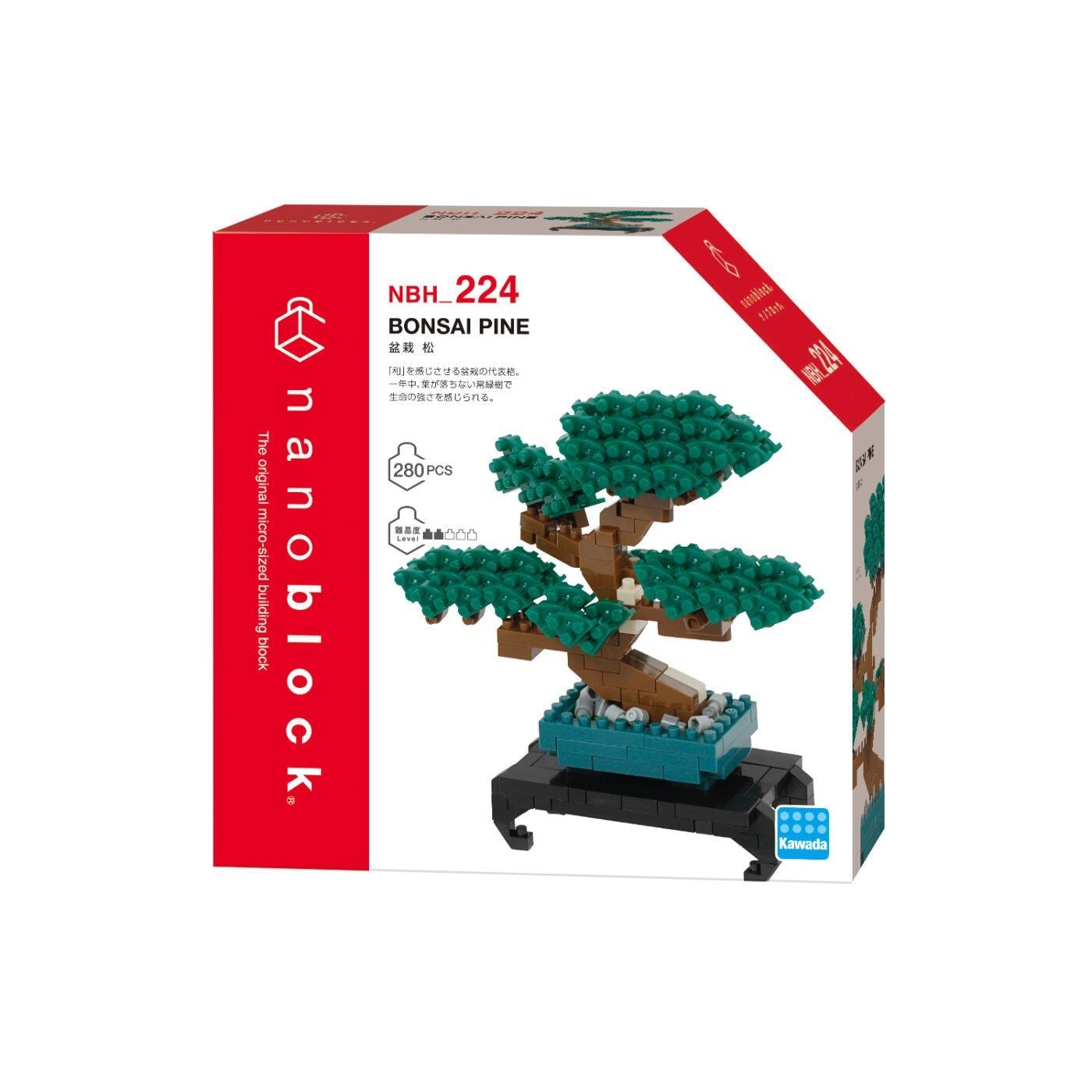 The image is a box for a bonsai tree building set called "BNB-224 BONSAI PINE" with a picture of a green bonsai tree on it.