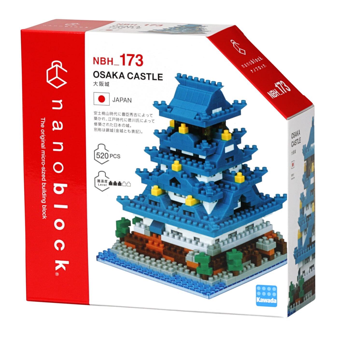 The image is a box containing a set of building blocks designed to resemble the Osaka Castle in Japan. The box is predominantly red and white, with the product name and model name prominently displayed.