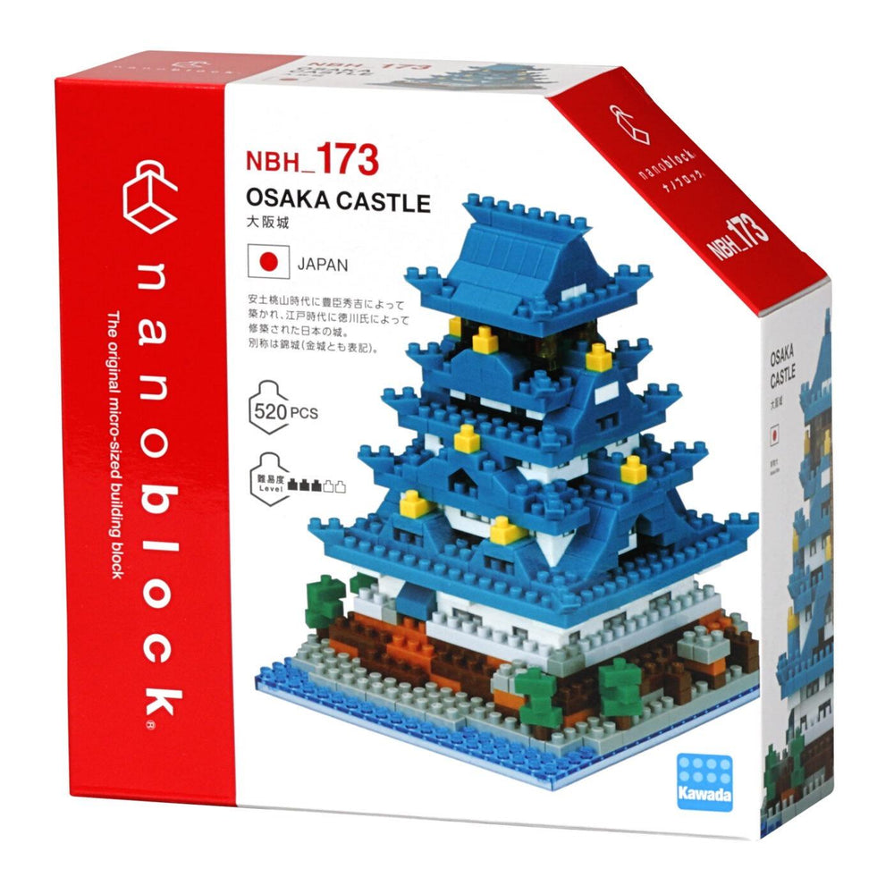 The image is a box containing a set of building blocks designed to resemble the Osaka Castle in Japan. The box is predominantly red and white, with the product name and model name prominently displayed.