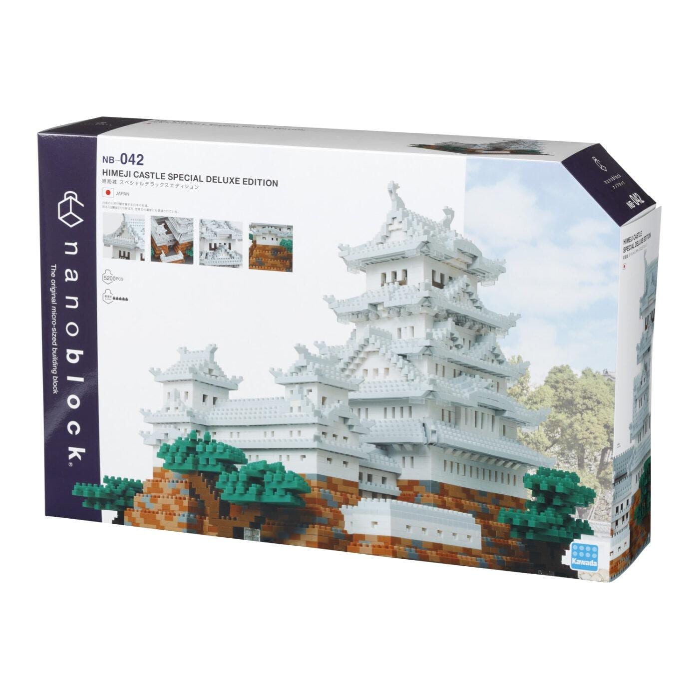 The image is a box for a building block set called "NHIBI JI Castle Special Deluxe Edition". The box features a large image of a castle-like structure made of building blocks, showcasing the set's design and features.
