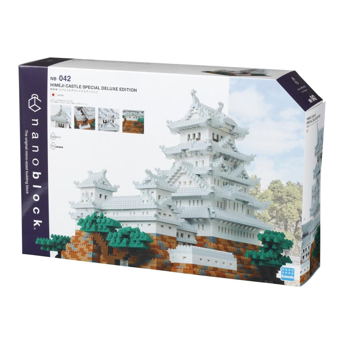The image is a box for a building block set called "NHIBI JI Castle Special Deluxe Edition". The box features a large image of a castle-like structure made of building blocks, showcasing the set's design and features.