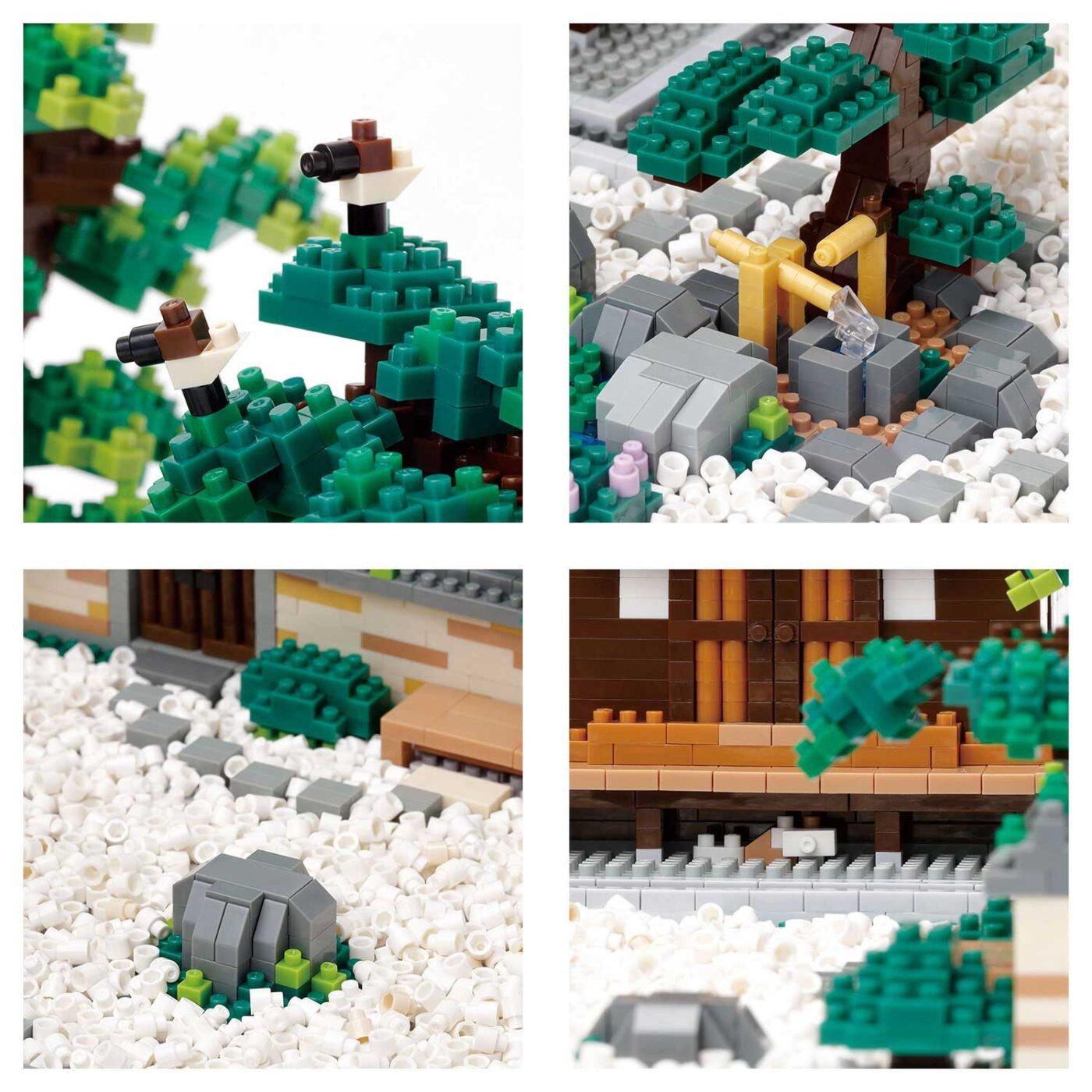 The image is a collage of four photos depicting various scenes made with Lego bricks, including a tree, a house, and other structures.