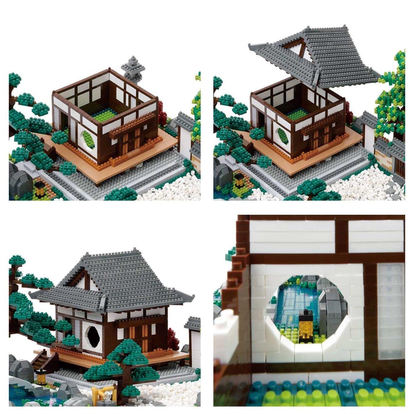 The image is a collage of four photos depicting a detailed model of a traditional Japanese house constructed with Lego bricks. The house features a tiled roof, wooden walls, and a small garden area. The collage showcases the intricate design and craftsmanship of the Lego model, highlighting the attention to detail and the complexity of the structure.