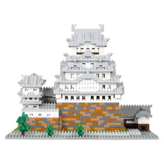 A detailed 3D model of a Japanese castle-like structure made of small, colorful building blocks.