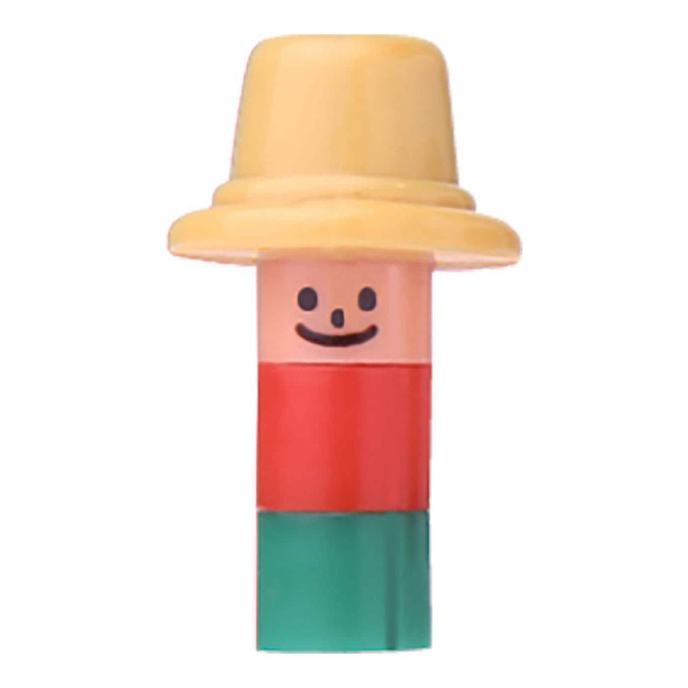 A toy figurine with a yellow hat and a face, made of colorful plastic pieces.