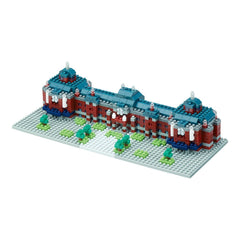 A colorful, detailed model of a building made of small Lego bricks, with various shapes and colors.