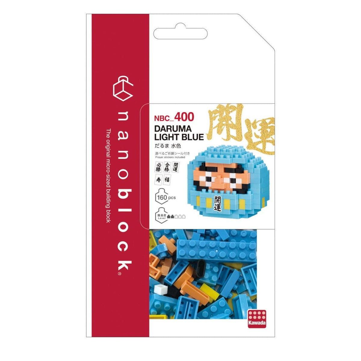 The image is a packaging for a product called "DARUMA LIGHT BLUE" made of microblocks. The packaging is predominantly red and white, with the product name and color prominently displayed.