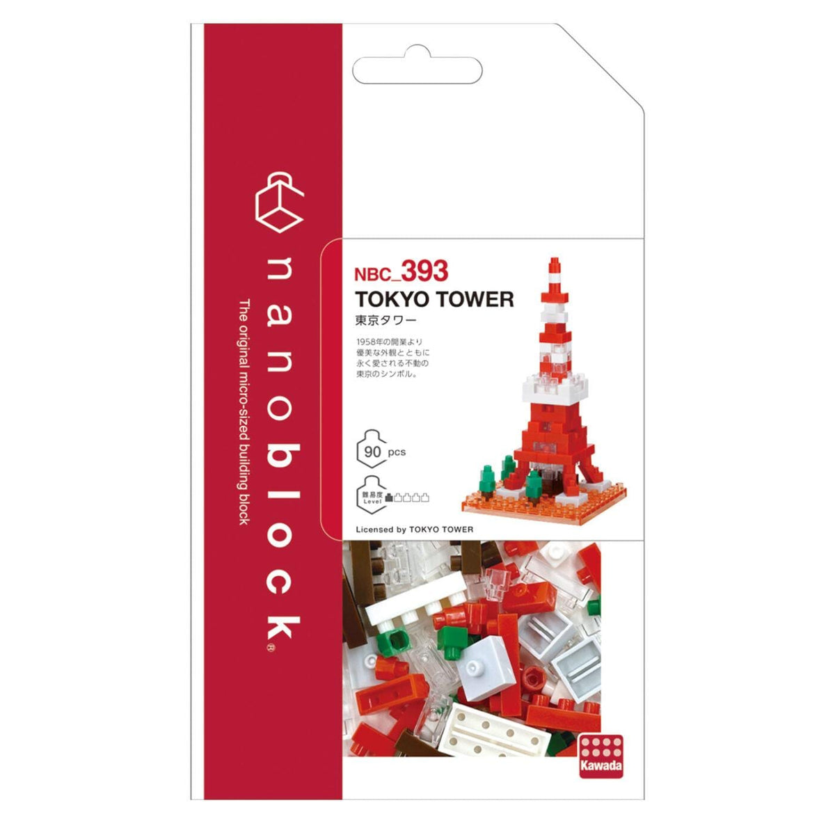 The image is a packaging for a Nano Block Tokyo Tower set, which is a building block toy. The packaging features a red and white color scheme with the Nano Block logo prominently displayed.