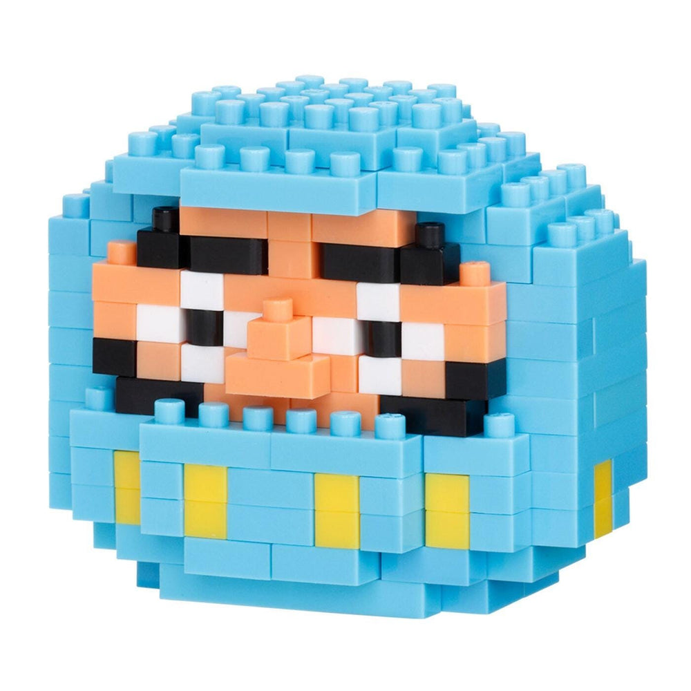 A colorful, pixelated character made up of various blue and yellow blocks, resembling a pixelated face or character.