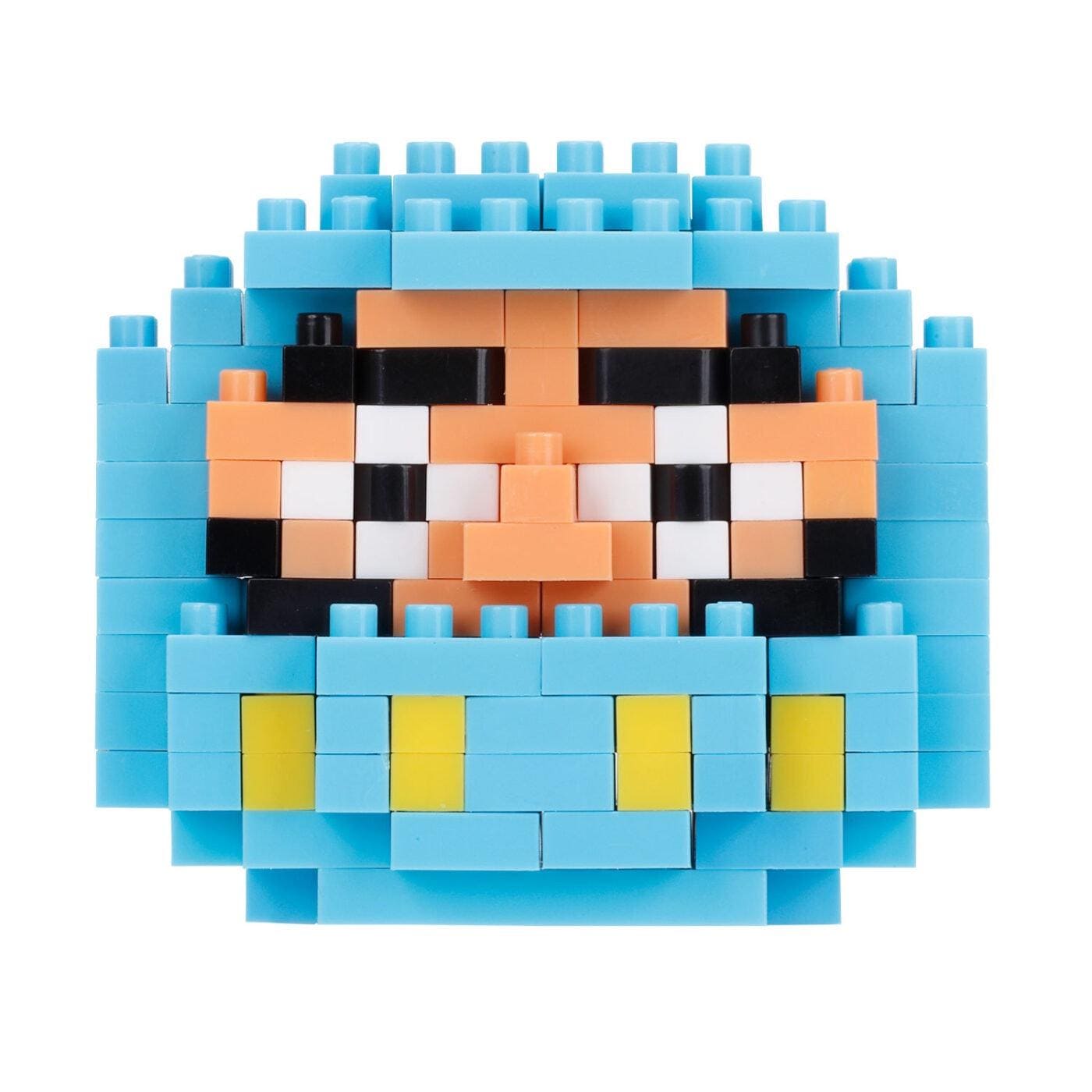 A colorful pixelated character made up of various blue, orange, and yellow blocks.