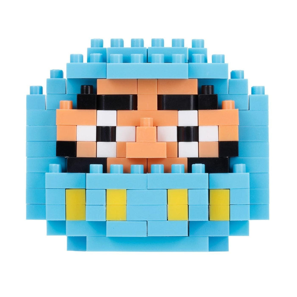 A colorful pixelated character made up of various blue, orange, and yellow blocks.