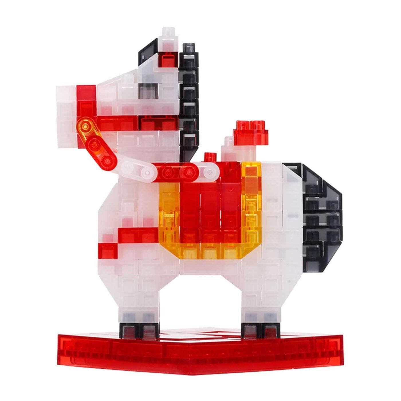 A colorful, 3D-built toy horse made of small plastic blocks in red, white, and black.