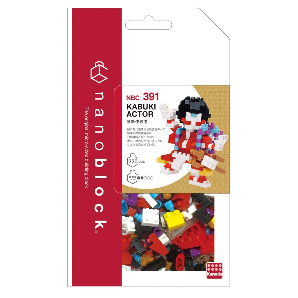 The image is a packaging for a product called " Kabuki Actor" from the "nano block" brand. It features a close-up of the product itself, which is a building block set, as well as a collage of various building blocks. The packaging has a red and white color scheme, and the product is described as being "The original micro building block" and "220 pieces".