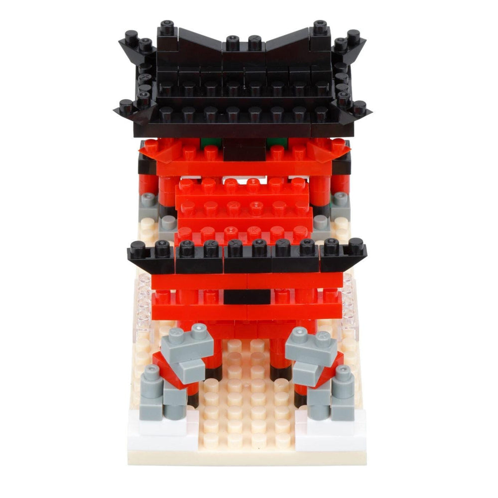 A colorful toy model of a Chinese temple made of red and black building blocks.