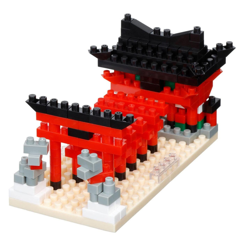 A toy model of a red and black Japanese-style temple made of building blocks.