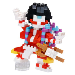 A colorful toy figure made of building blocks, with a black hat and a red and white outfit.