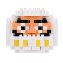 A pixelated face made up of various colored blocks, including white, orange, and yellow, arranged in a playful and creative manner.