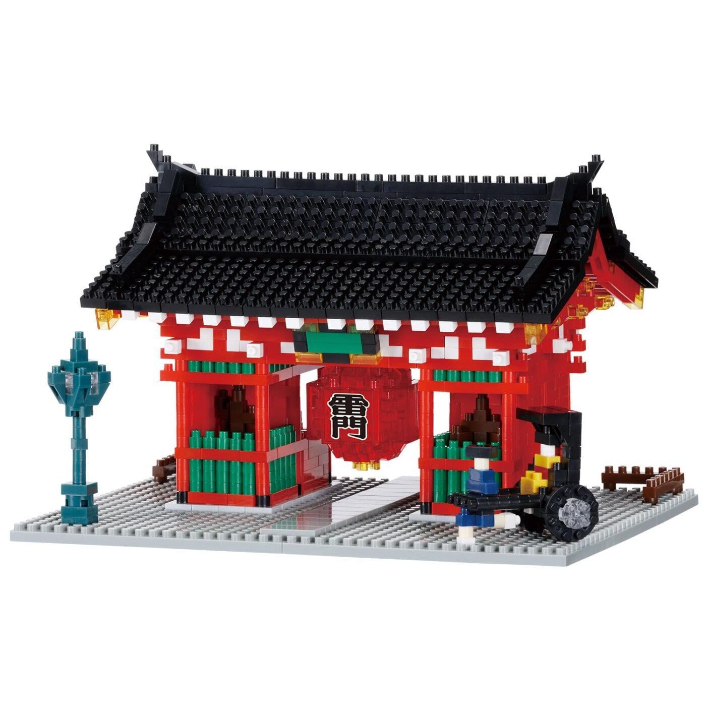 A colorful and detailed model of a traditional Japanese temple, constructed from building blocks.