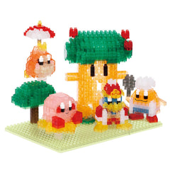 A colorful and whimsical toy set featuring various characters and objects made of small, transparent building blocks.
