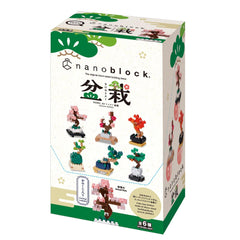 The image is a box for a product called "nanoblock" that contains various small tree models.