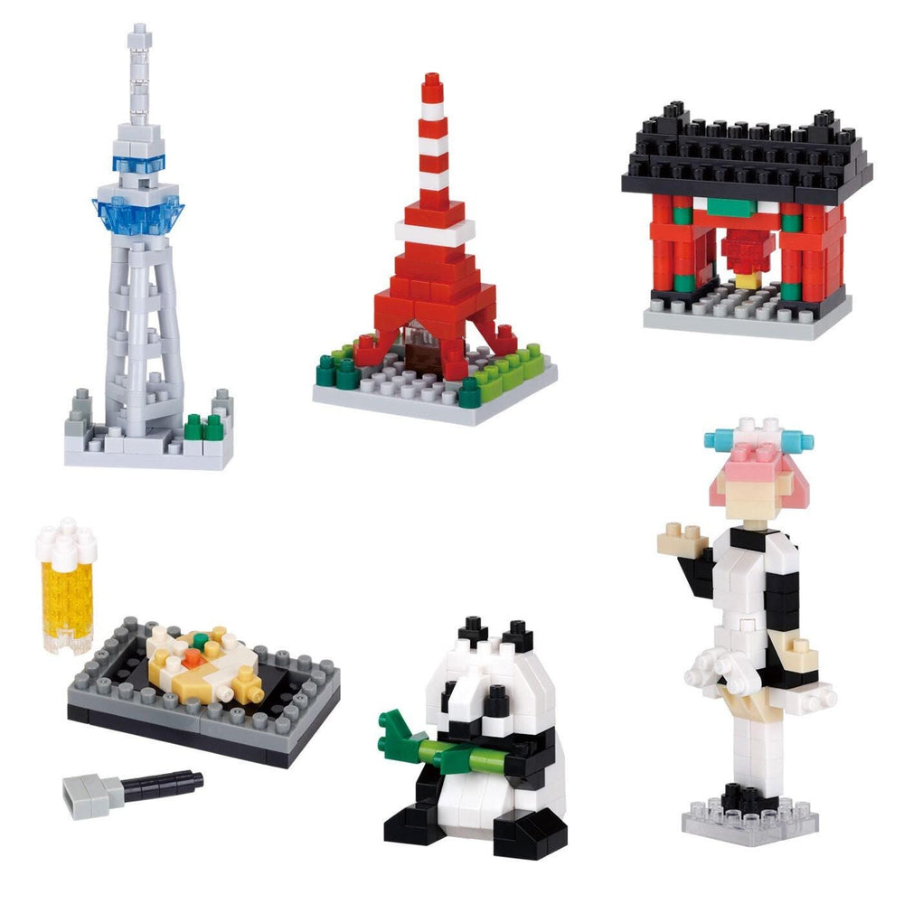 a collection of six different building block figures, including a tower, a red and white striped structure, a black and white temple, a panda, a beer mug, and a panda holding a green toy.