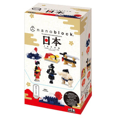 The image is a box for a set of Nanoblock Japan toys, featuring various figurines and characters from Japan.