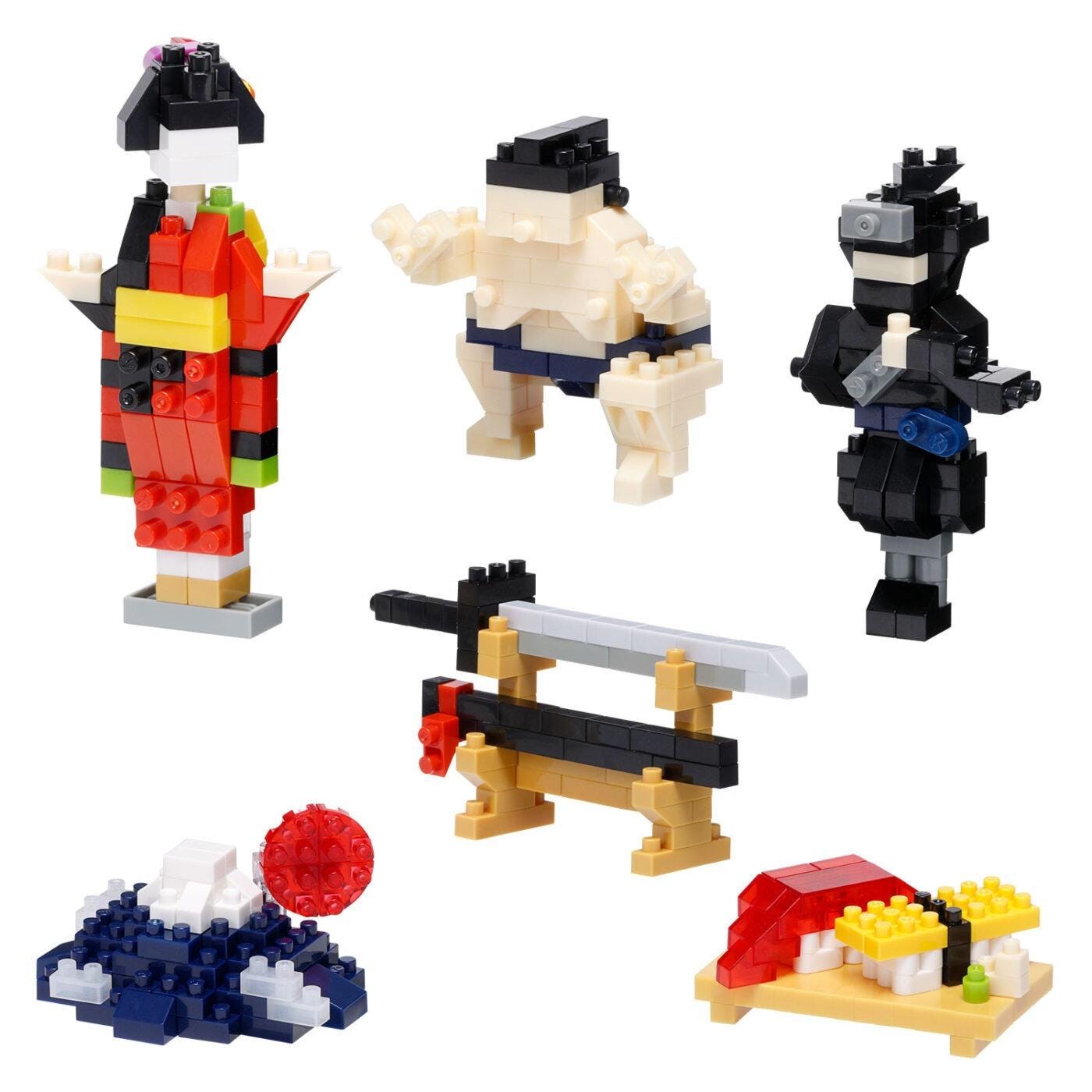 a collection of six different types of toys, including a figure of a person, a character, a sword, a sushi dish, a doll, and a toy car.