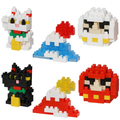 six colorful, pixelated character designs made up of small building blocks, arranged in a grid-like pattern.