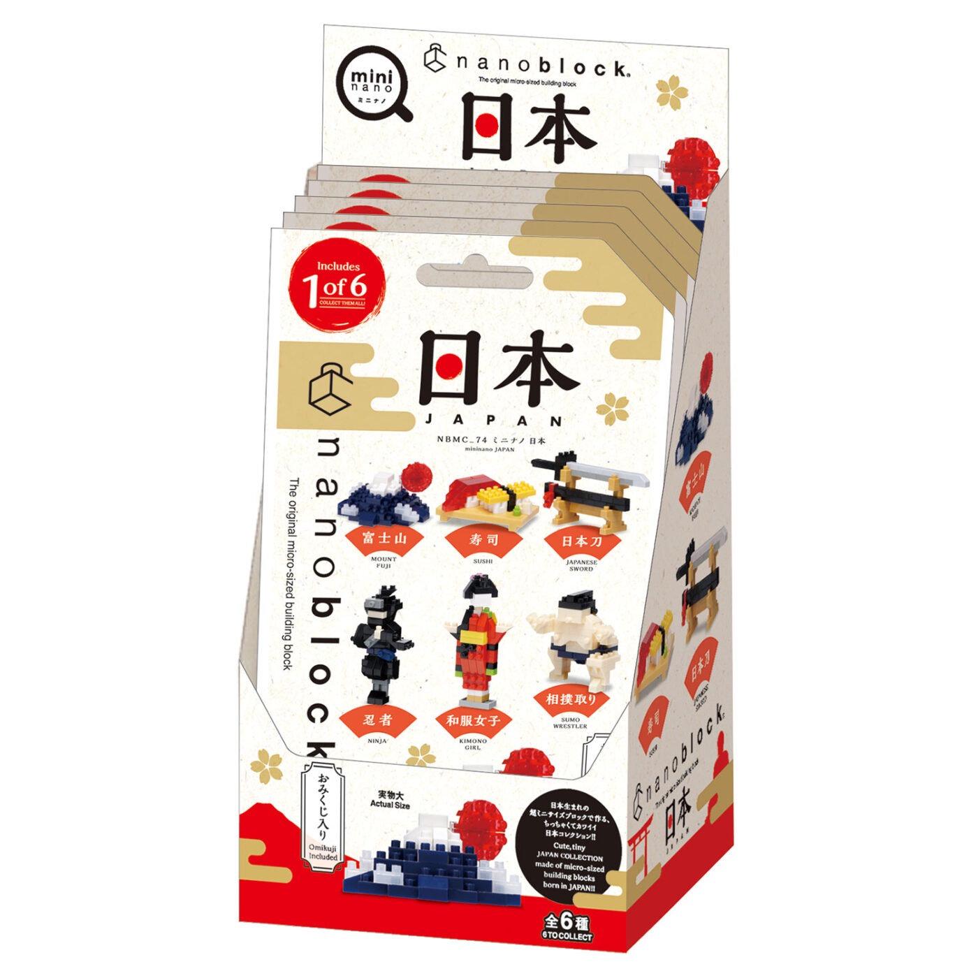 A display box for a collection of Japanese-themed building blocks, featuring various characters and designs.