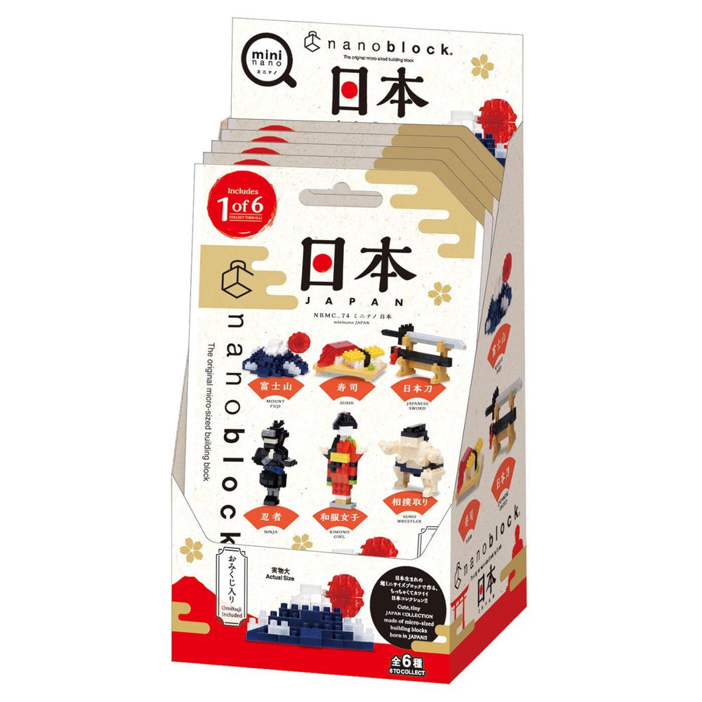 A display box for a collection of Japanese-themed building blocks, featuring various characters and designs.