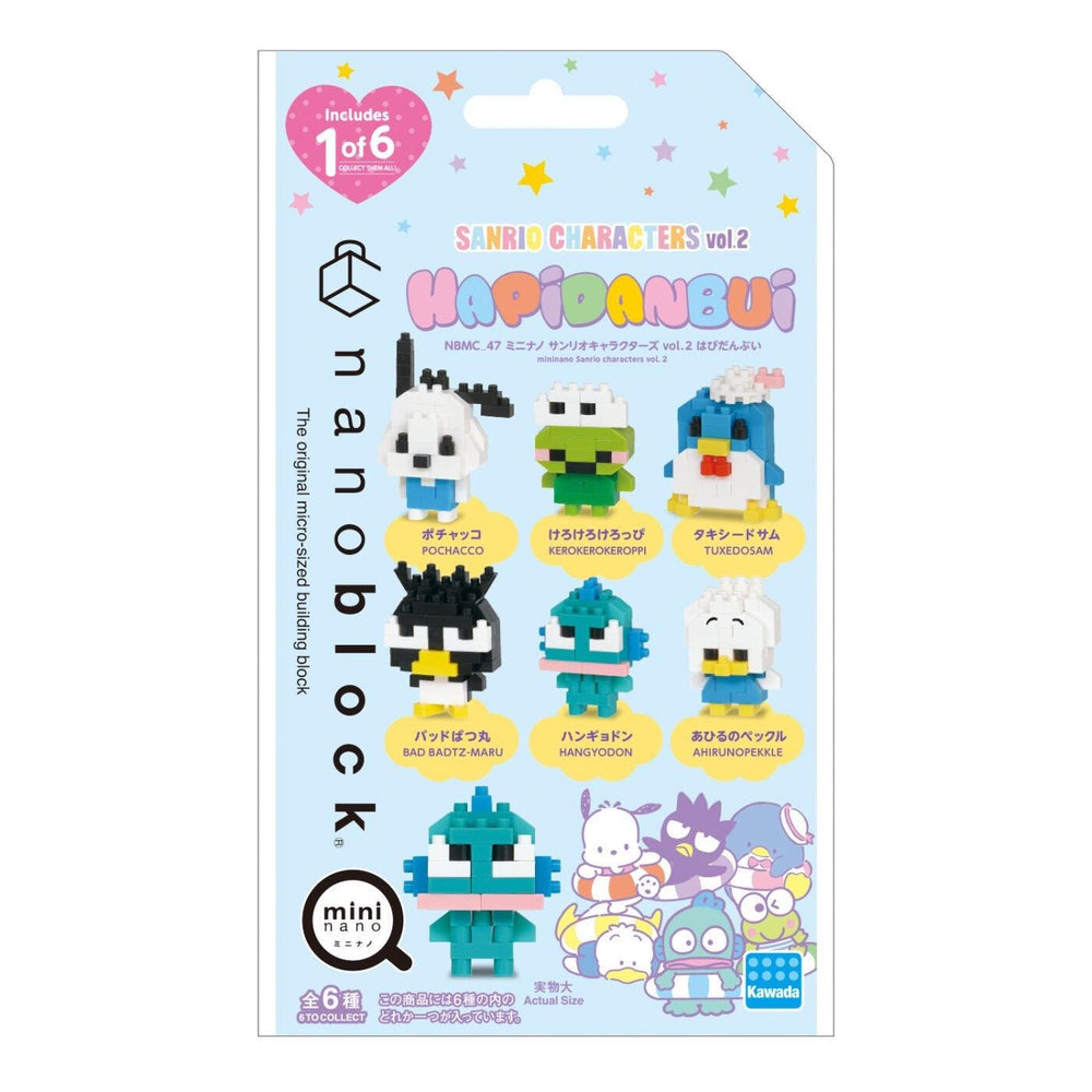 The image is a packaging for a set of six character building blocks, featuring various colorful and whimsical characters such as a penguin, a fish, a bird, and other playful designs.