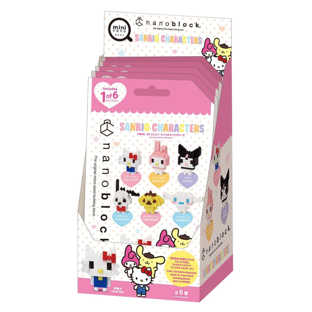 A pink and white box containing a collection of six SANRIO CHARACTERS microblock figures, including Hello Kitty and other popular characters from the Sanrio franchise.