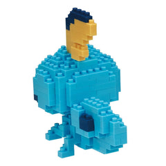 A blue and yellow Lego figure made up of numerous small Lego bricks.