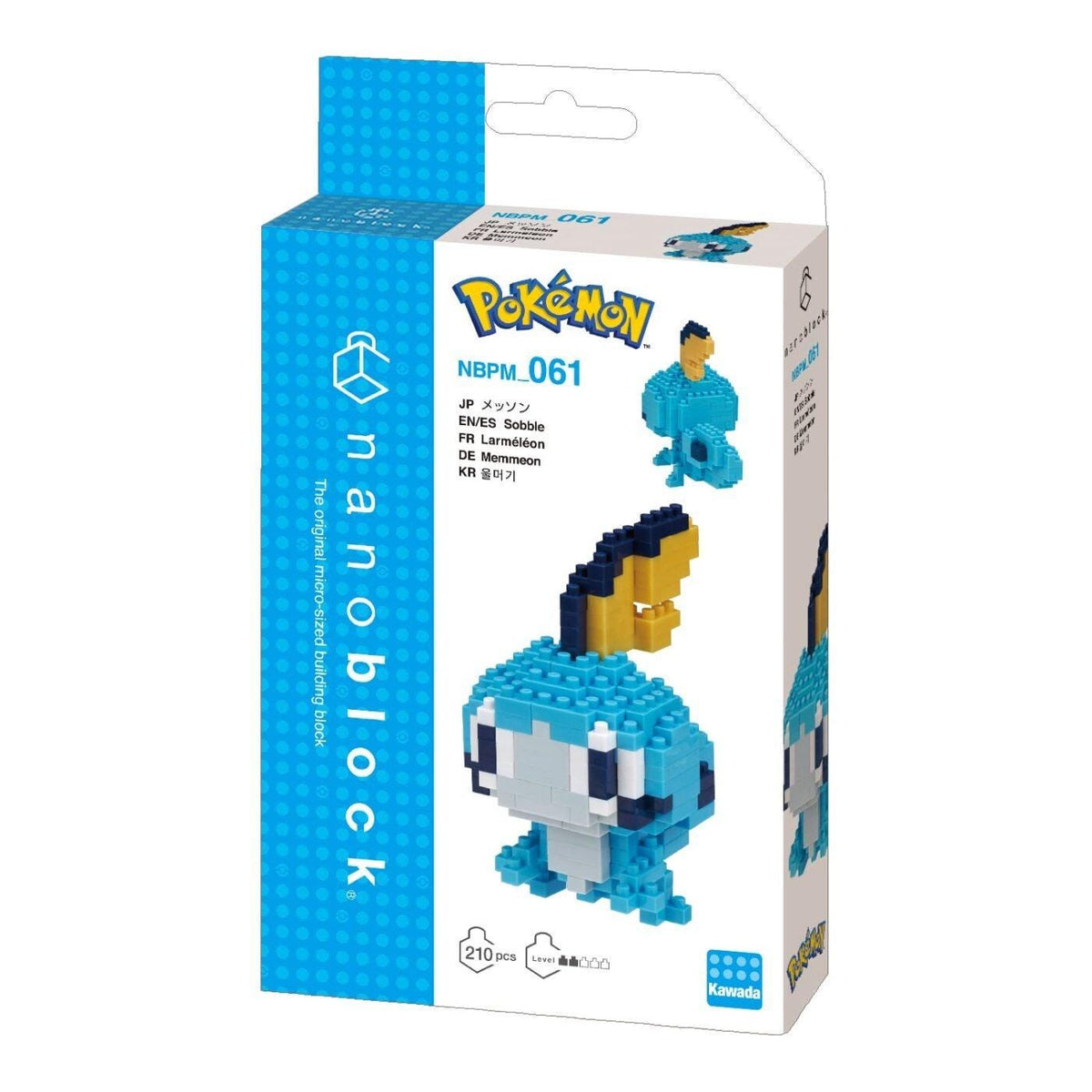 DIY nano building blocks kit box with blue, white, and yellow figure