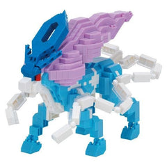 A colorful and intricate toy made of various building blocks in shades of blue, white, and purple.
