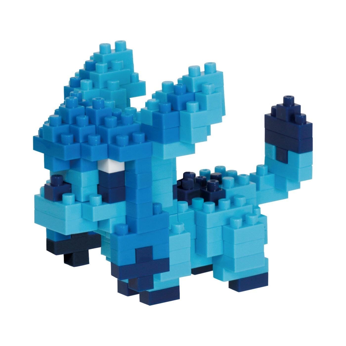 A blue and black LEGO brick dog toy is shown in the image.