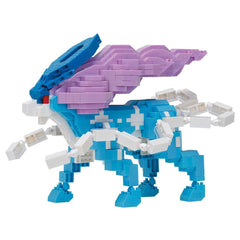 A colorful, pixelated toy resembling a dragon or mythical creature, composed of various blue and white blocks.