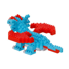 A colorful LEGO dinosaur made up of various blue and red bricks.