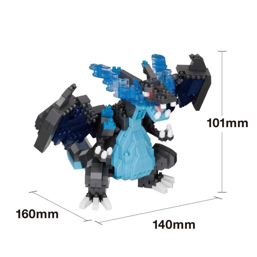A blue and black LEGO dragon toy is shown in the image, with dimensions provided.