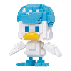 A colorful, pixelated toy resembling a duck or bird, composed of numerous small blue and white blocks.