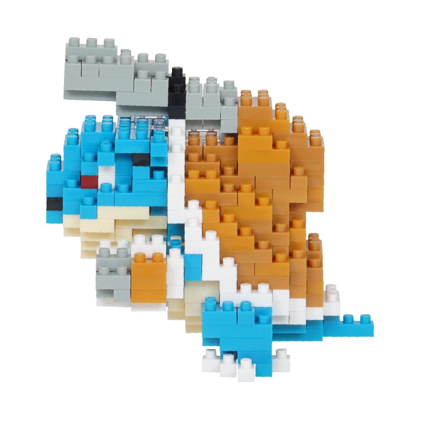 A colorful and intricate 3D model made up of numerous small building blocks in various shades of blue, orange, and gray.