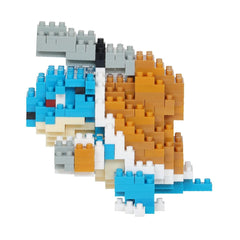 A colorful and intricate 3D model made up of numerous small building blocks in various shades of blue, orange, and gray.