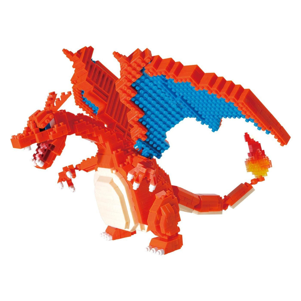 A red LEGO dragon with blue wings and a flame on its tail, made up of numerous small bricks.