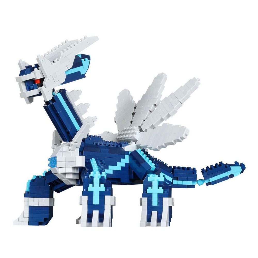 A blue and white LEGO dinosaur-like creature made up of numerous small bricks.