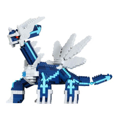 A blue and white LEGO dinosaur-like creature made up of numerous small bricks.