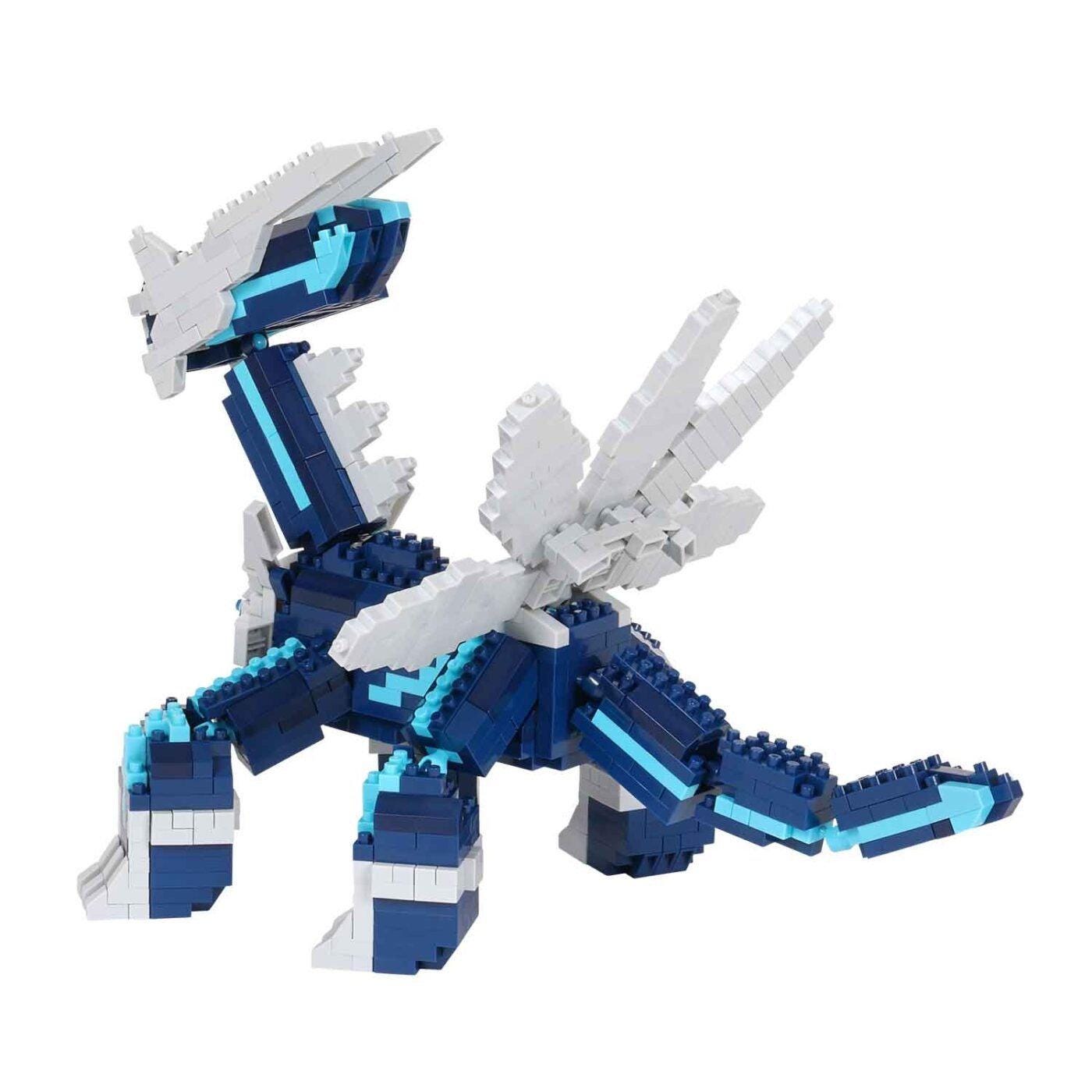 A blue and white LEGO dinosaur-like creature made up of various LEGO bricks.