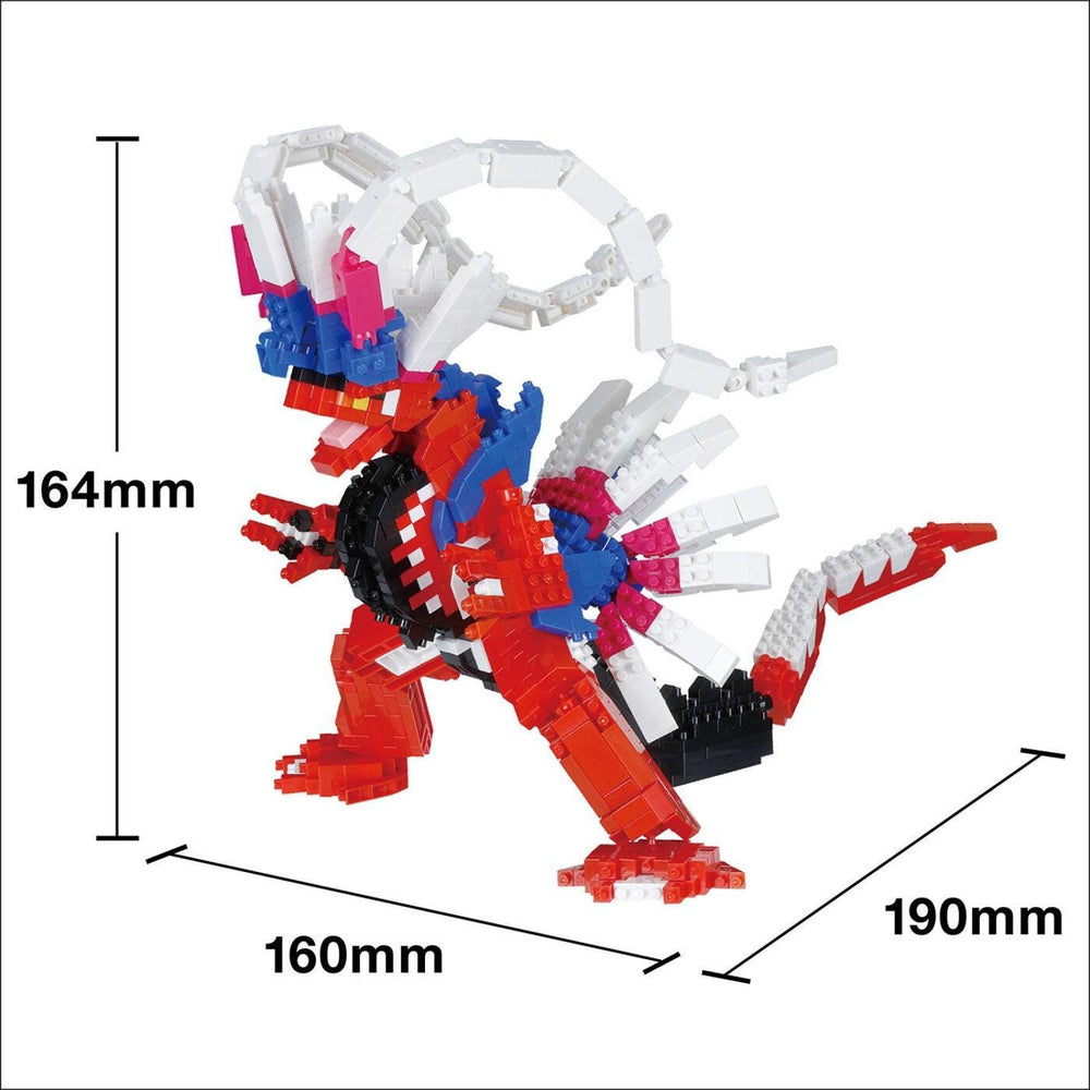 a colorful and intricate LEGO dinosaur made up of various pieces in red, white, and blue colors.